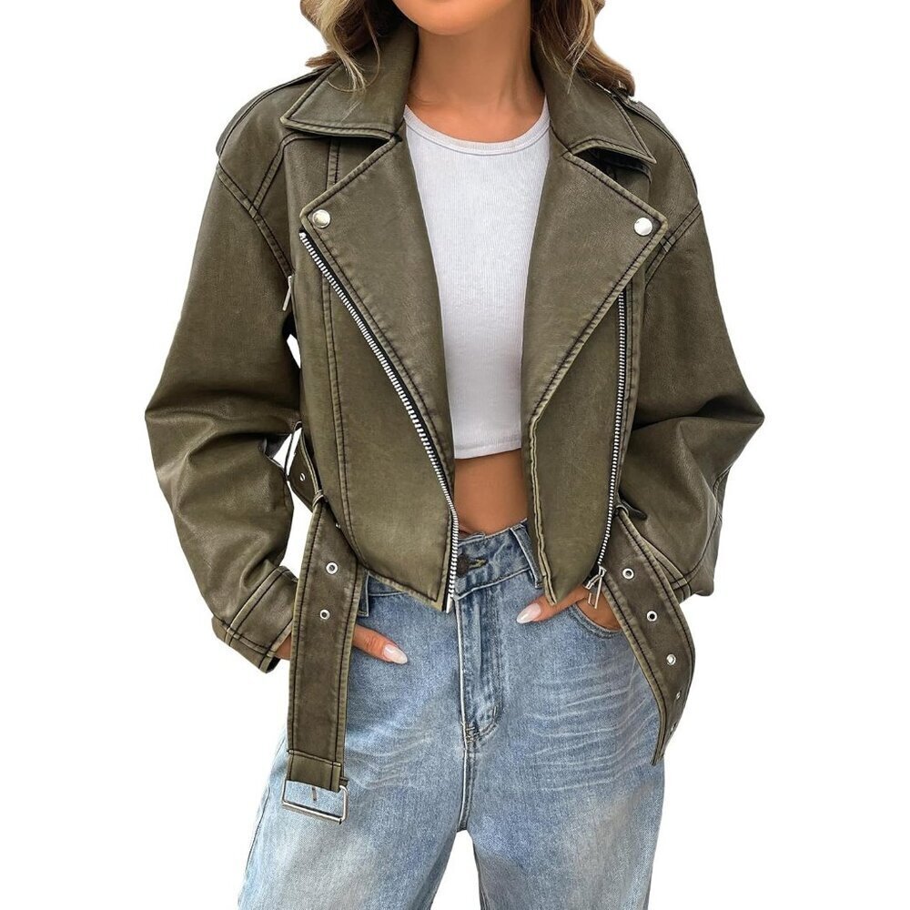 Women's Dark Green Faux Leather Cropped Jacket Vegan Motor Biker Coat with Belt